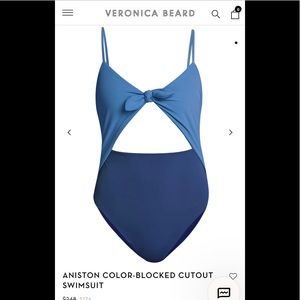 Veronica Beard Aniston swimsuit in two-tone blues.